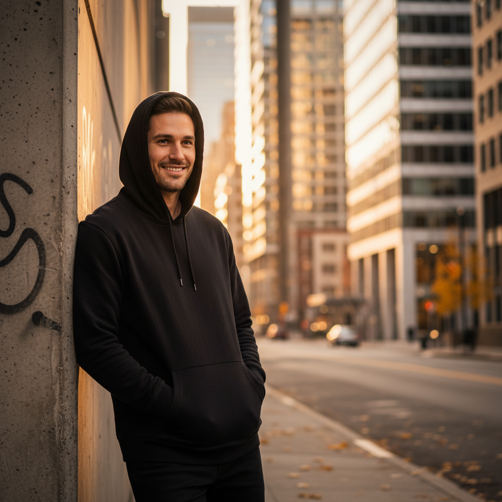 AI generated fashion model wearing black hoodie